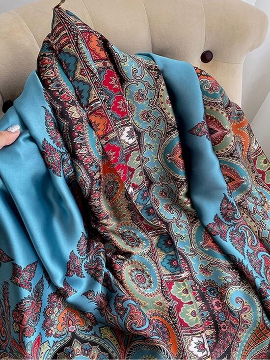 Women's Blue Lightweight Silk Like Scarves Flowers Print Head Cotton Wrap Scarf - Picture 3 of 5